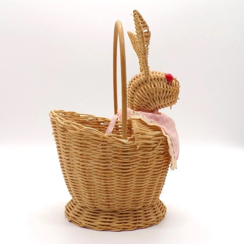 VTG Bunny Rabbit Basket Apron Wicker Woven Cottagecore Kitchen Decor Tabletop